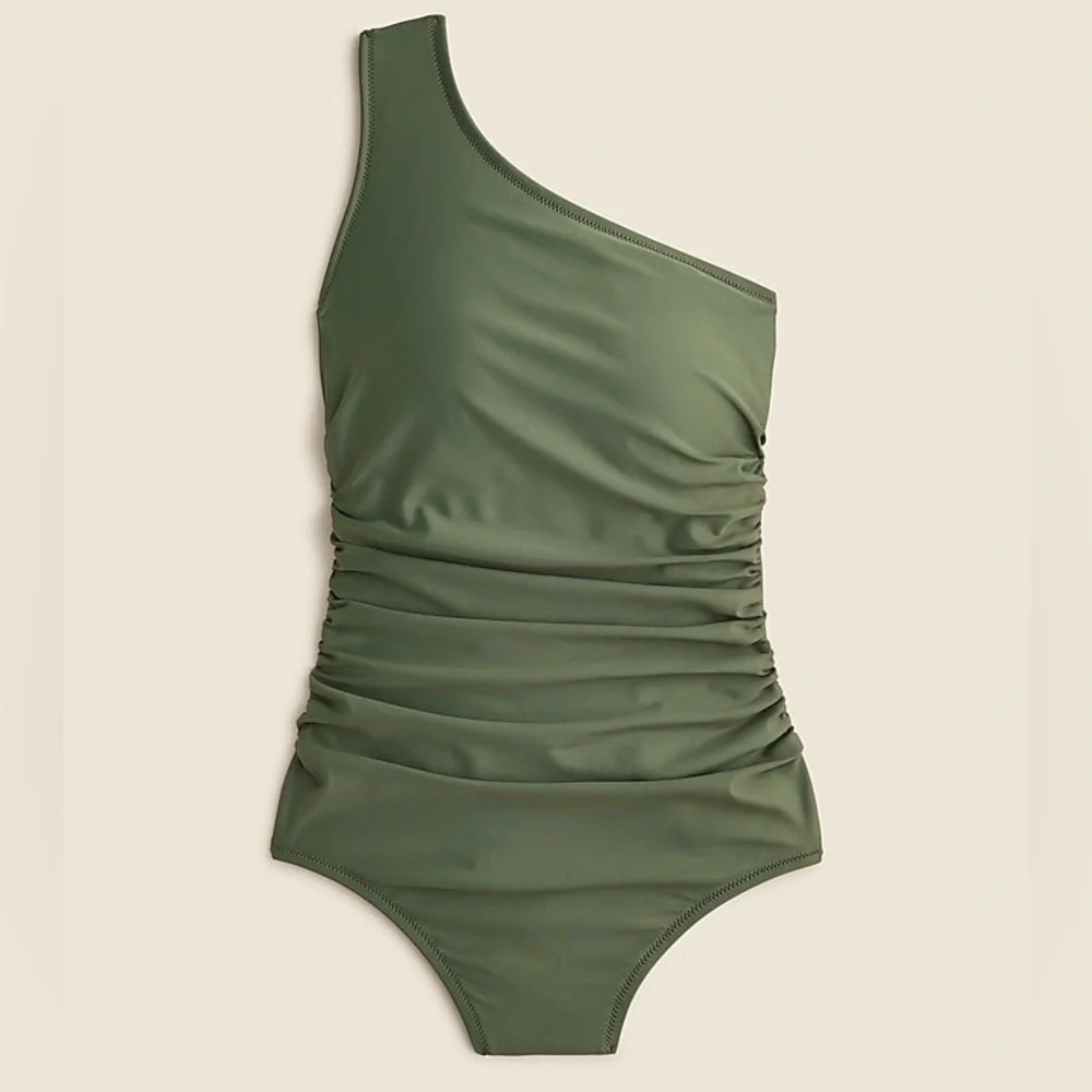 NWT j. Crew sleek ruched one shoulder one piece swimsuit cool cypress green 22